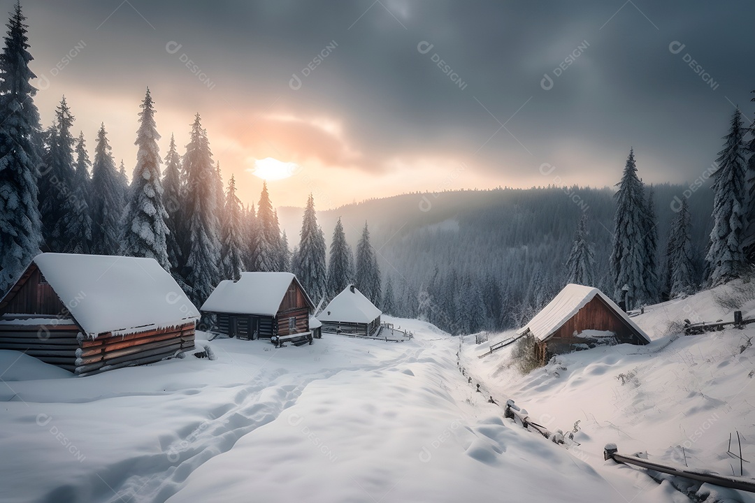 Casa de madeira coberta de neve nas montanhas ao nascer do sol de inverno