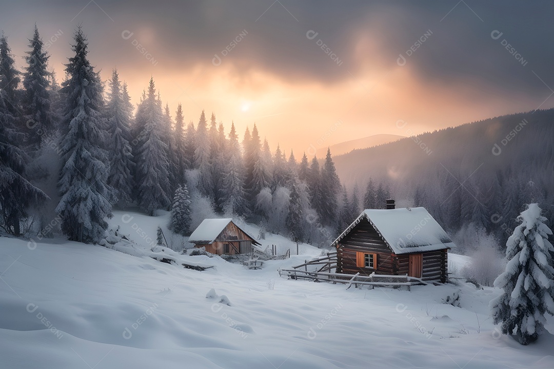 Casa de madeira coberta de neve nas montanhas ao nascer do sol de inverno