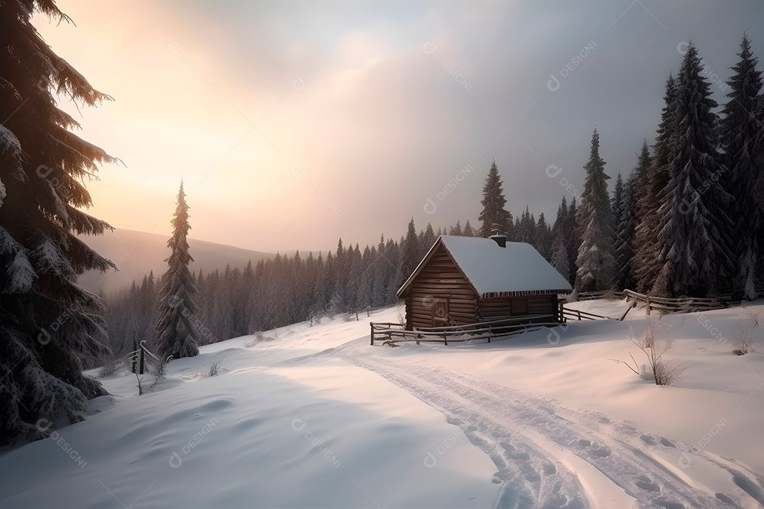 Casa de madeira coberta de neve nas montanhas ao nascer do sol de inverno