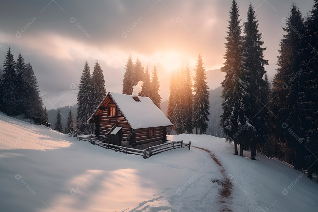 Casa de madeira coberta de neve nas montanhas ao nascer do sol de inverno
