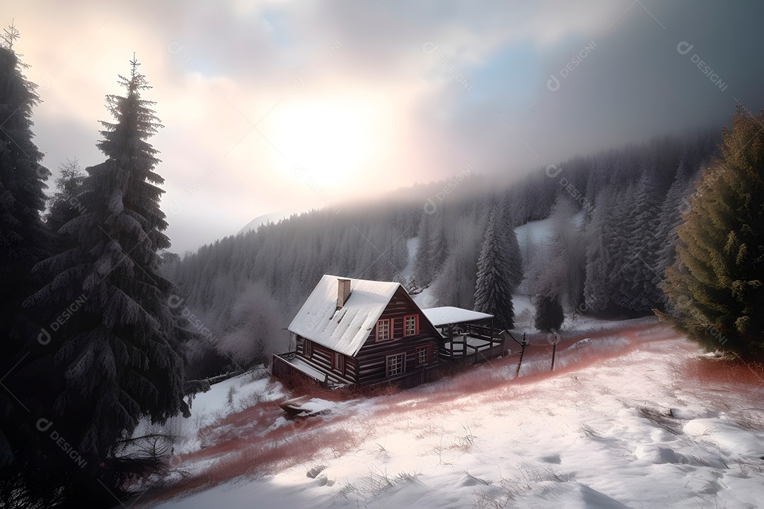Casa de madeira coberta de neve nas montanhas ao nascer do sol de inverno