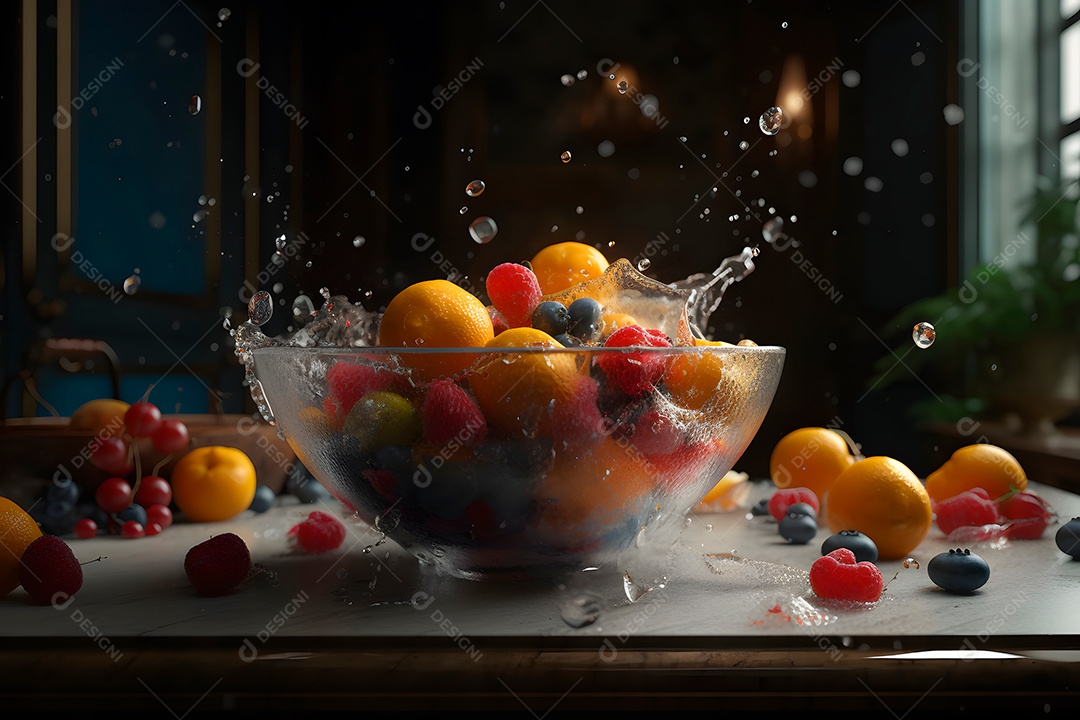 Frutas frescas espirrando em uma tigela com luz cinematográfica