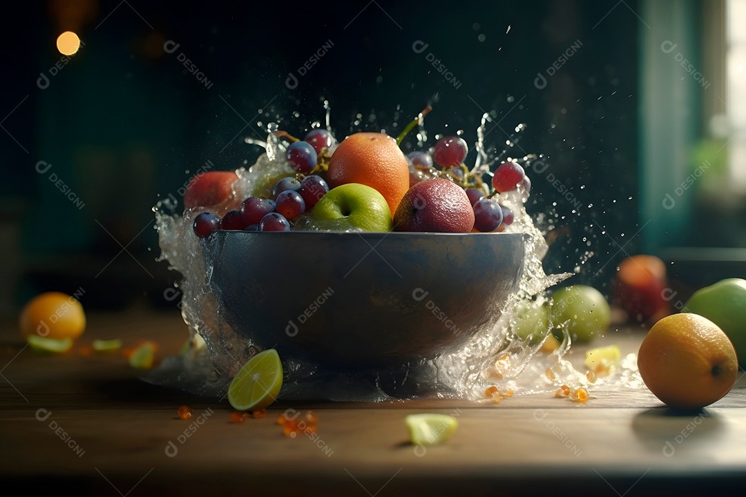 Frutas frescas espirrando em uma tigela com luz cinematográfica