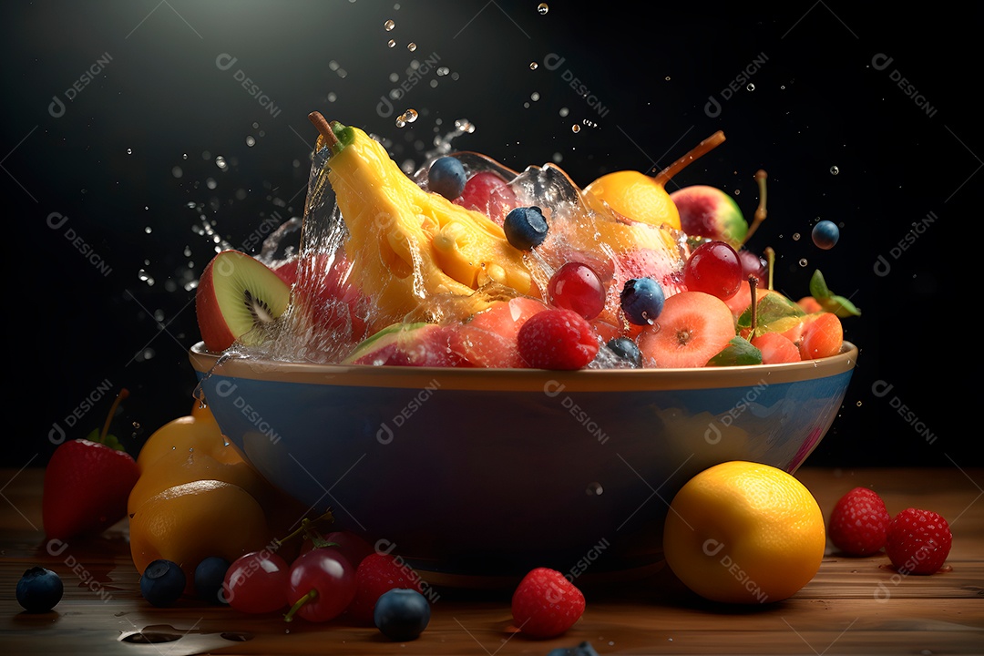 Frutas frescas espirrando em uma tigela com luz cinematográfica