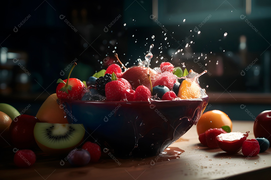 Frutas frescas espirrando em uma tigela com luz cinematográfica