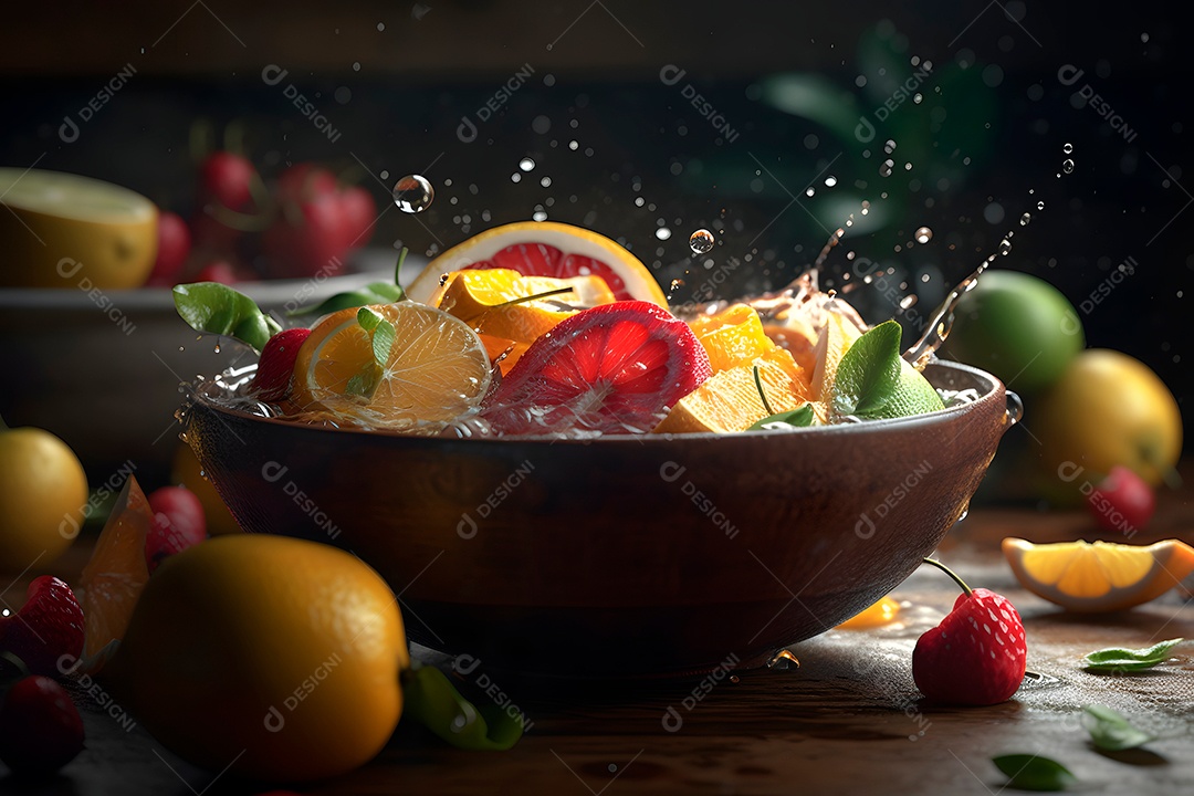 Frutas frescas espirrando em uma tigela com luz cinematográfica