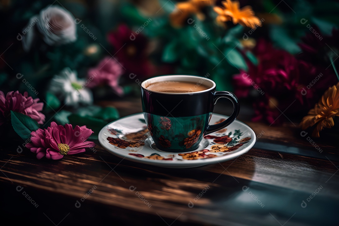 Xícara de bebida em uma mesa ao lado de flores