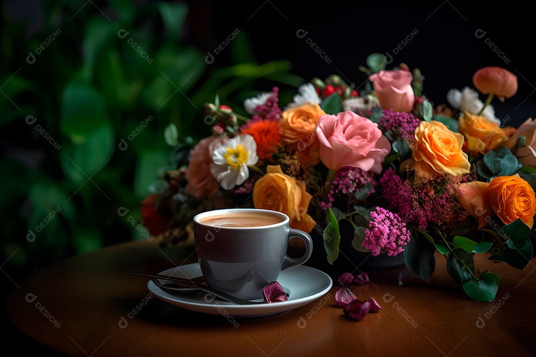 Xícara de bebida em uma mesa ao lado de flores