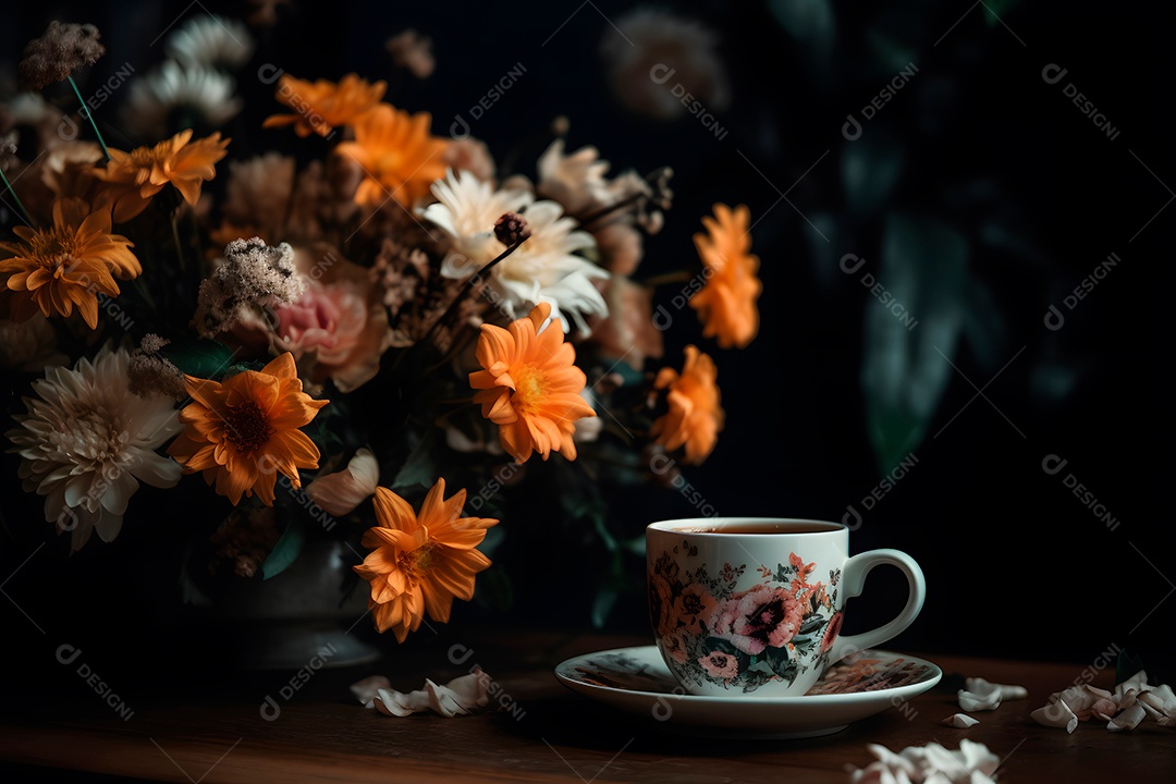 Xícara de bebida em uma mesa ao lado de flores