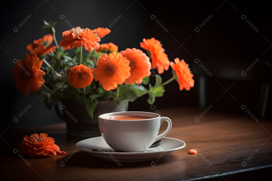 Xícara de bebida em uma mesa ao lado de flores