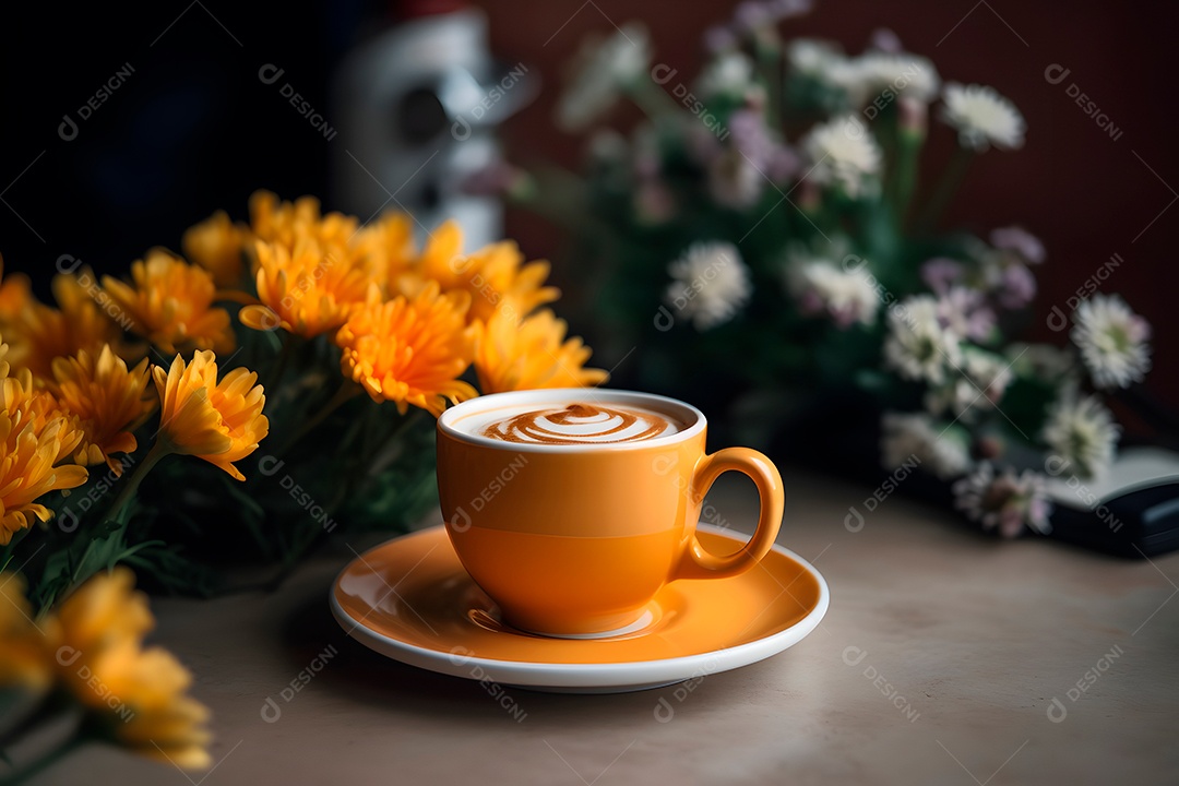 Xícara de bebida em uma mesa ao lado de flores
