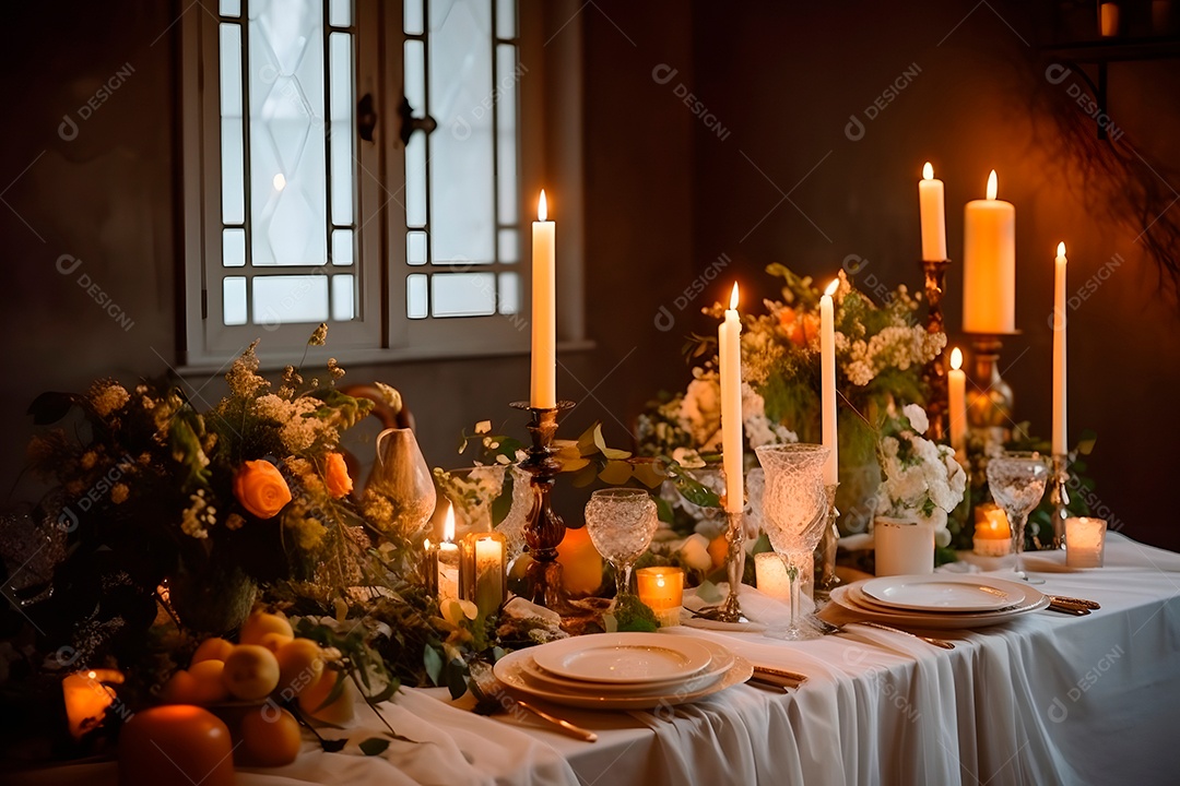 Mesa de casamento estilosa, decorada com velas e flores.