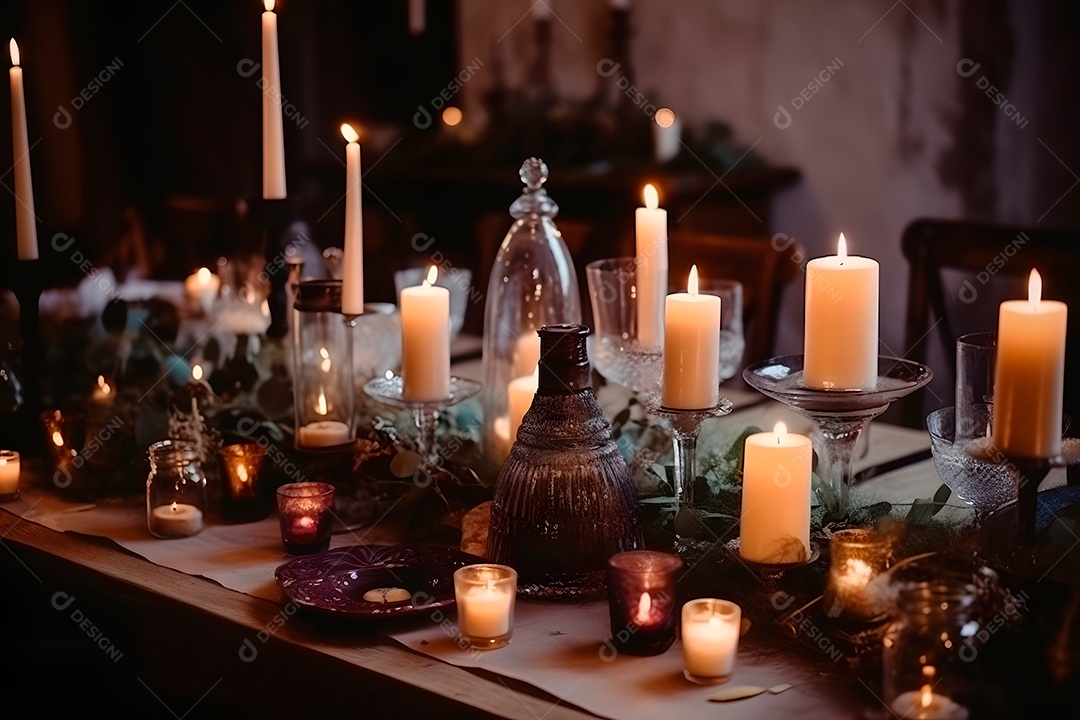 Mesa de casamento estilosa, decorada com velas e flores.