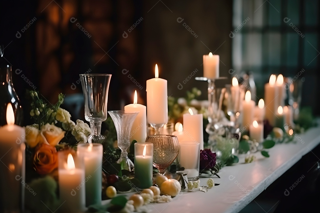 Mesa de casamento estilosa, decorada com velas e flores.