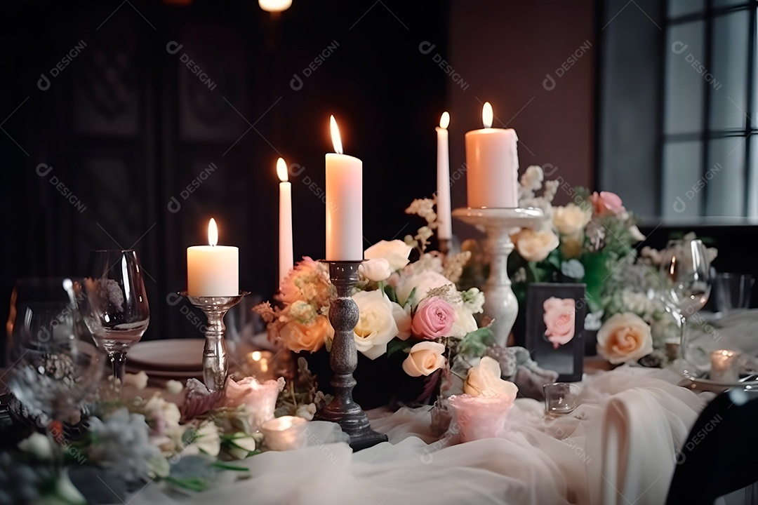 Mesa de casamento estilosa, decorada com velas e flores.