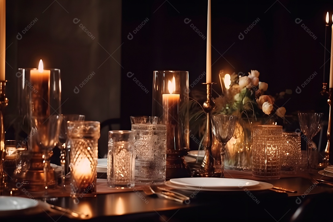 Mesa de casamento estilosa, decorada com velas e flores.