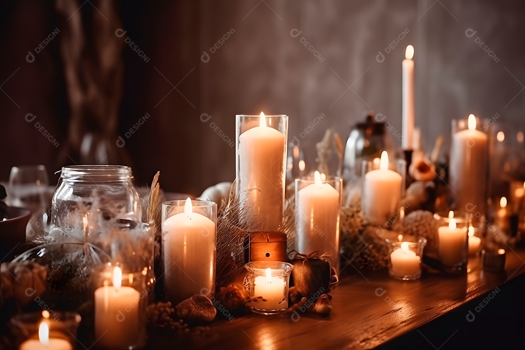 Mesa de casamento estilosa, decorada com velas e flores.