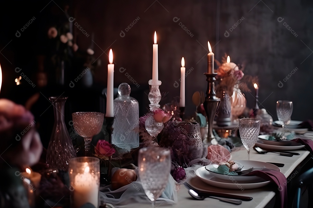 Mesa de casamento estilosa, decorada com velas e flores.