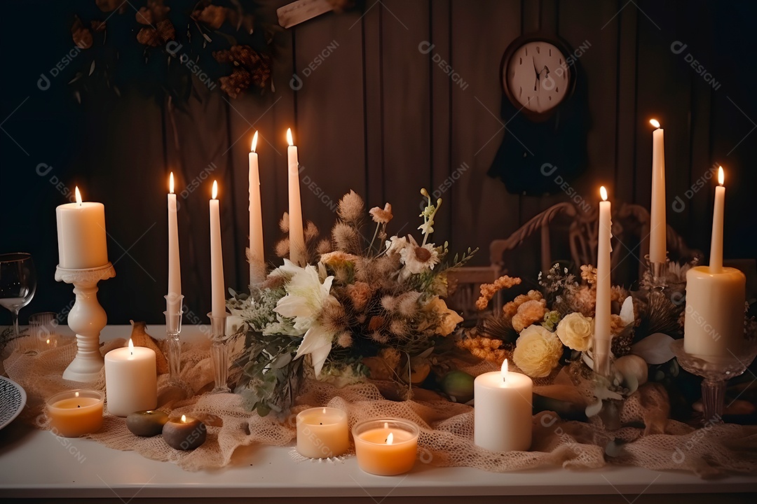 Mesa de casamento estilosa, decorada com velas e flores.