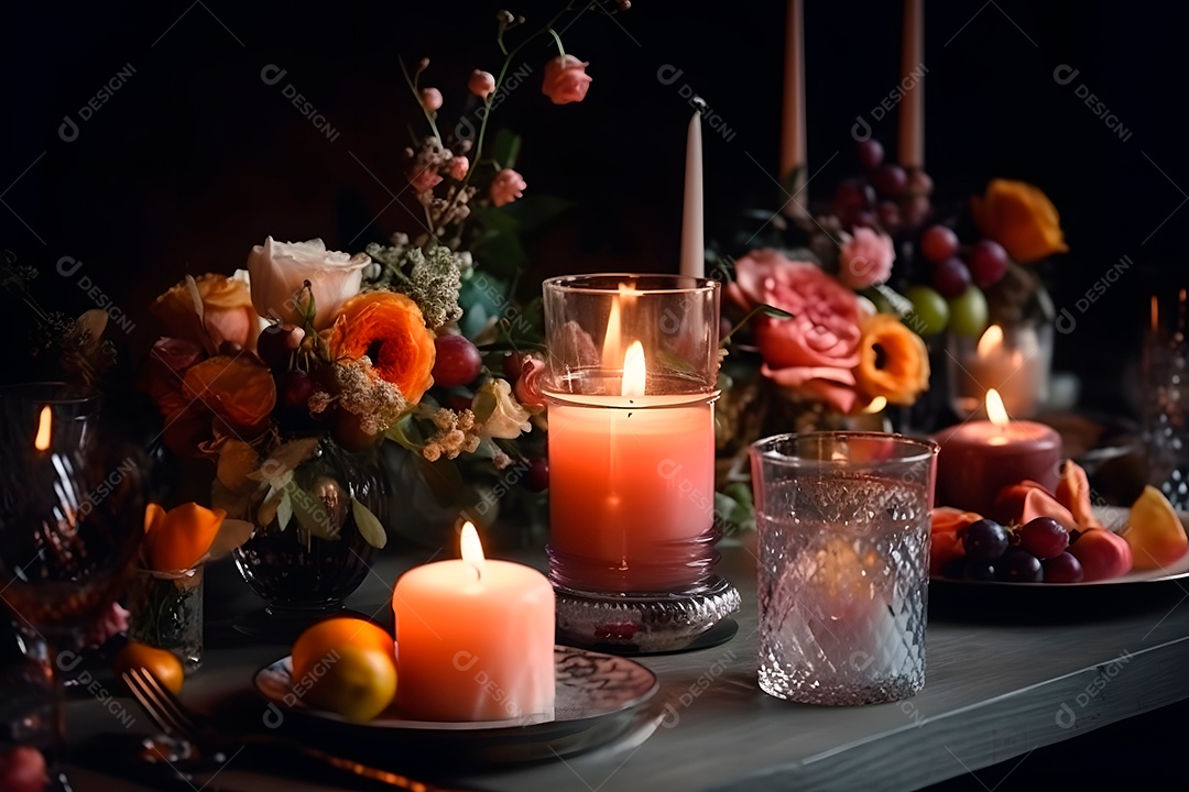 Mesa de casamento estilosa, decorada com velas e flores.