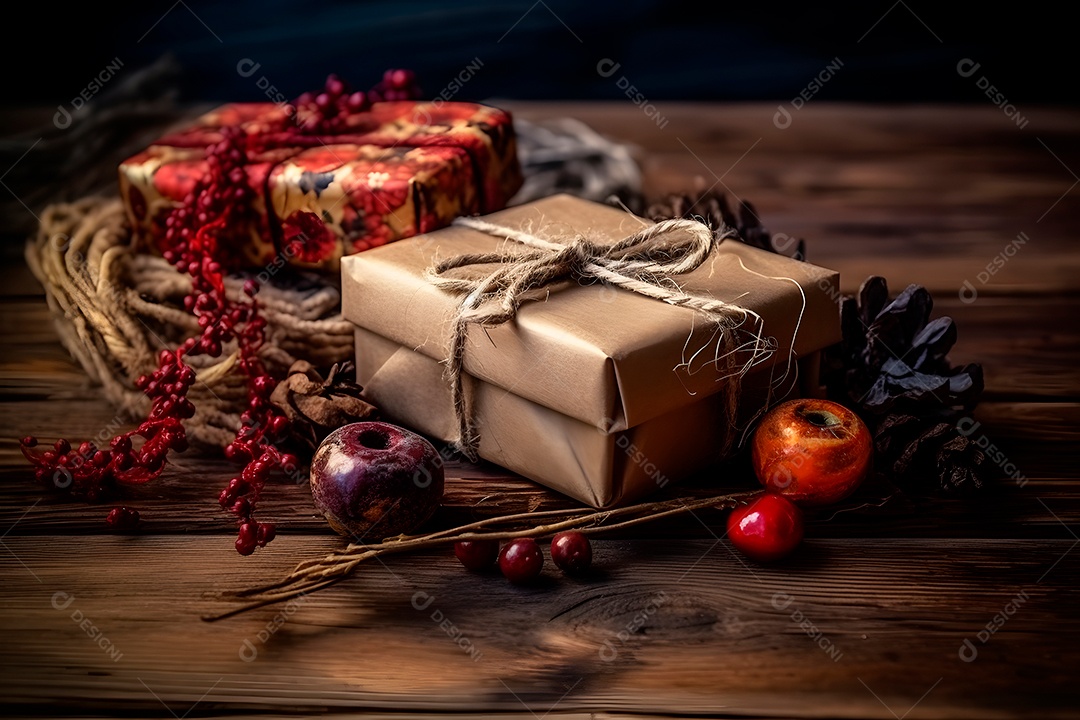Presentes de Natal com decoração natalina em piso de madeira sem revestimento.