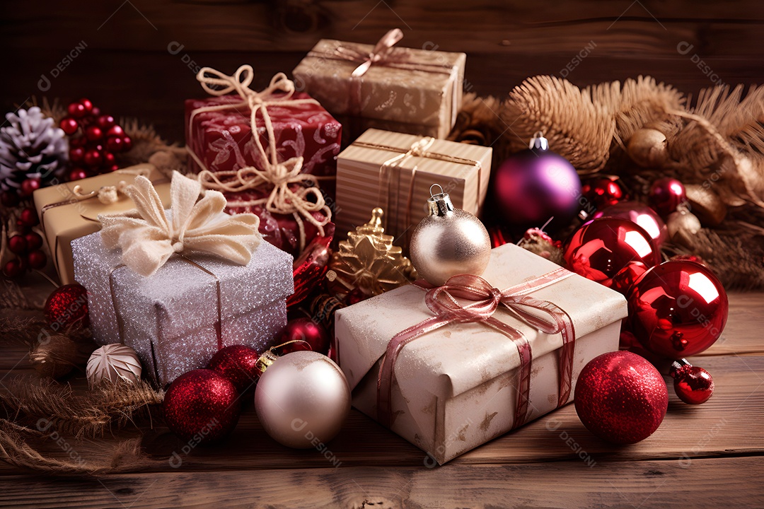 Presentes de Natal com decoração natalina em piso de madeira sem revestimento.