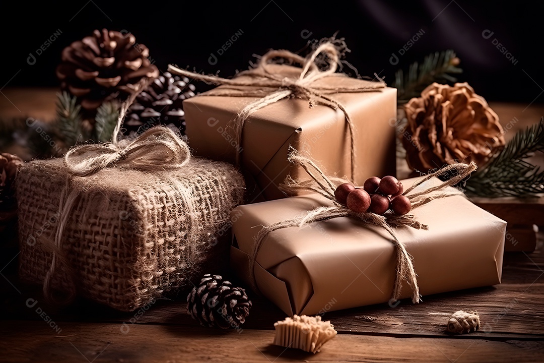 Presentes de Natal com decoração natalina em piso de madeira sem revestimento.