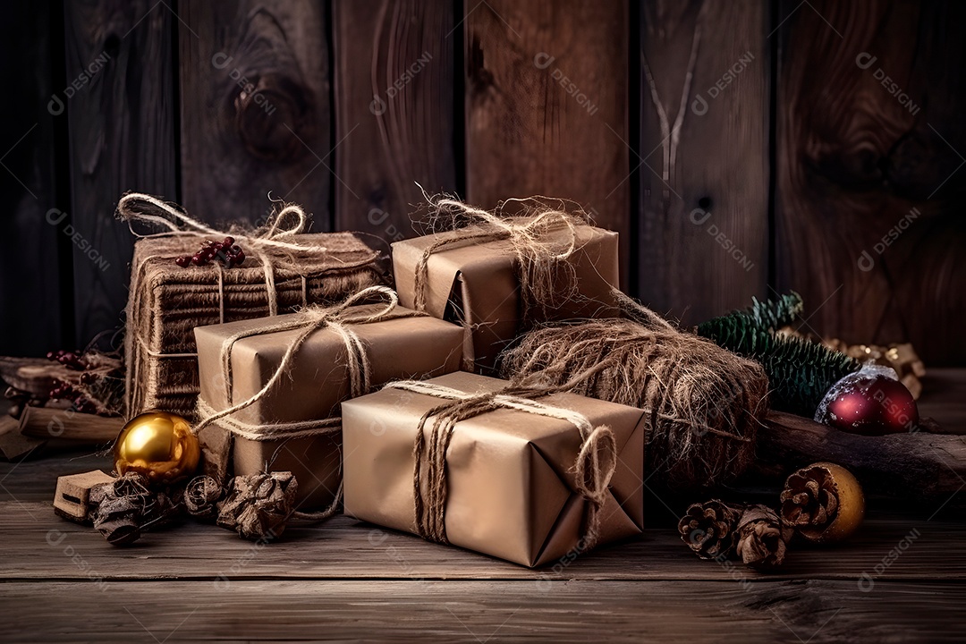 Presentes de Natal com decoração natalina em piso de madeira sem revestimento.
