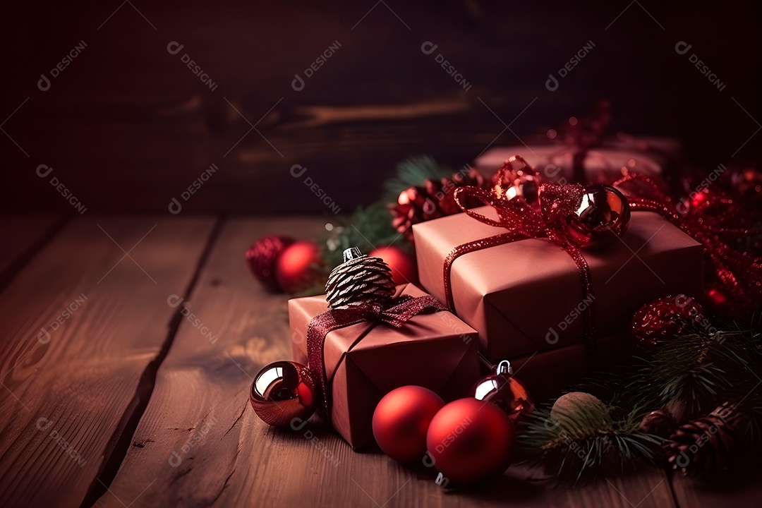 Presentes de Natal com decoração natalina em piso de madeira sem revestimento.