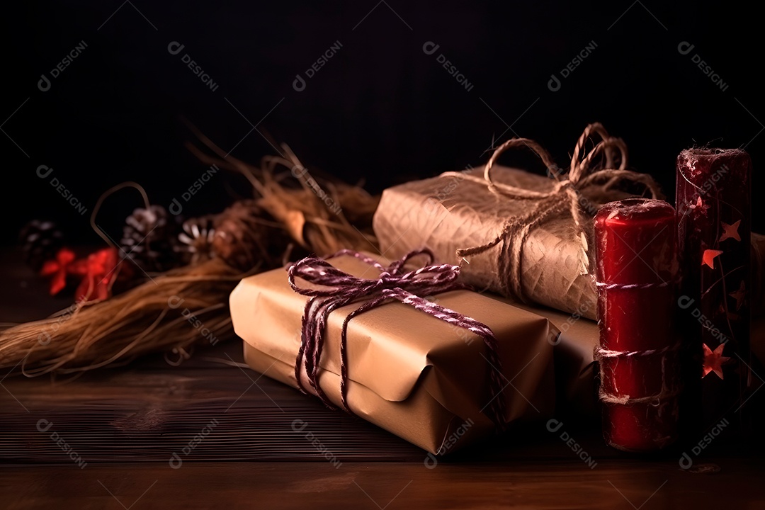 Presentes de Natal com decoração natalina em piso de madeira sem revestimento.