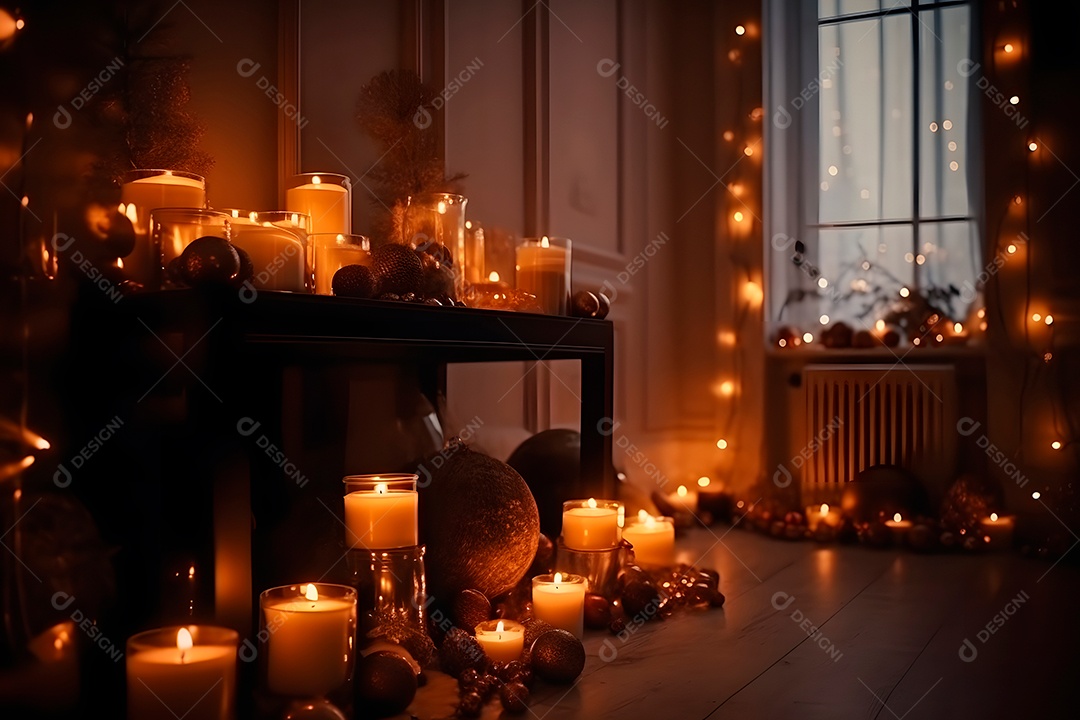 Decoração de Ano Novo com velas e guirlandas. Rede neural