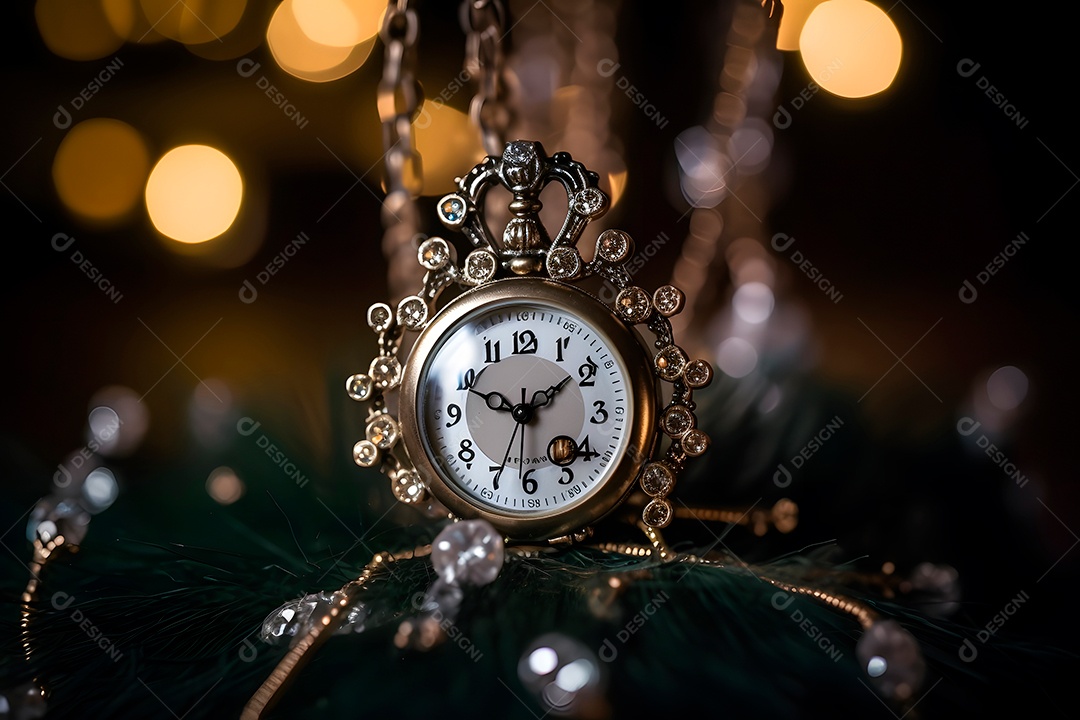 Relógio de bolso em fundo desfocado