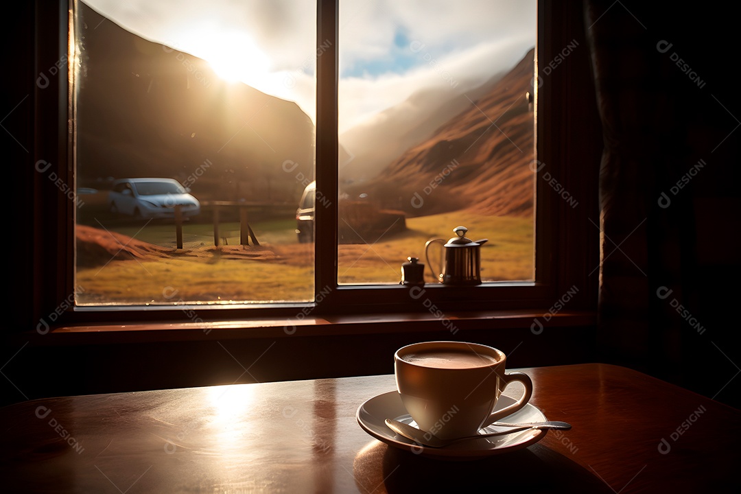 Xícara de café em uma mesa de madeira sobre fundo fazenda