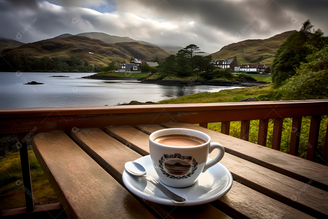 Xícara de café em uma mesa de madeira sobre fundo fazenda