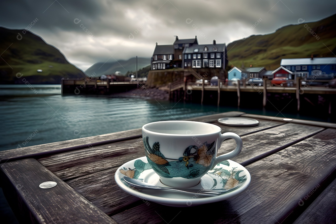 Xícara de café em uma mesa de madeira sobre fundo fazenda