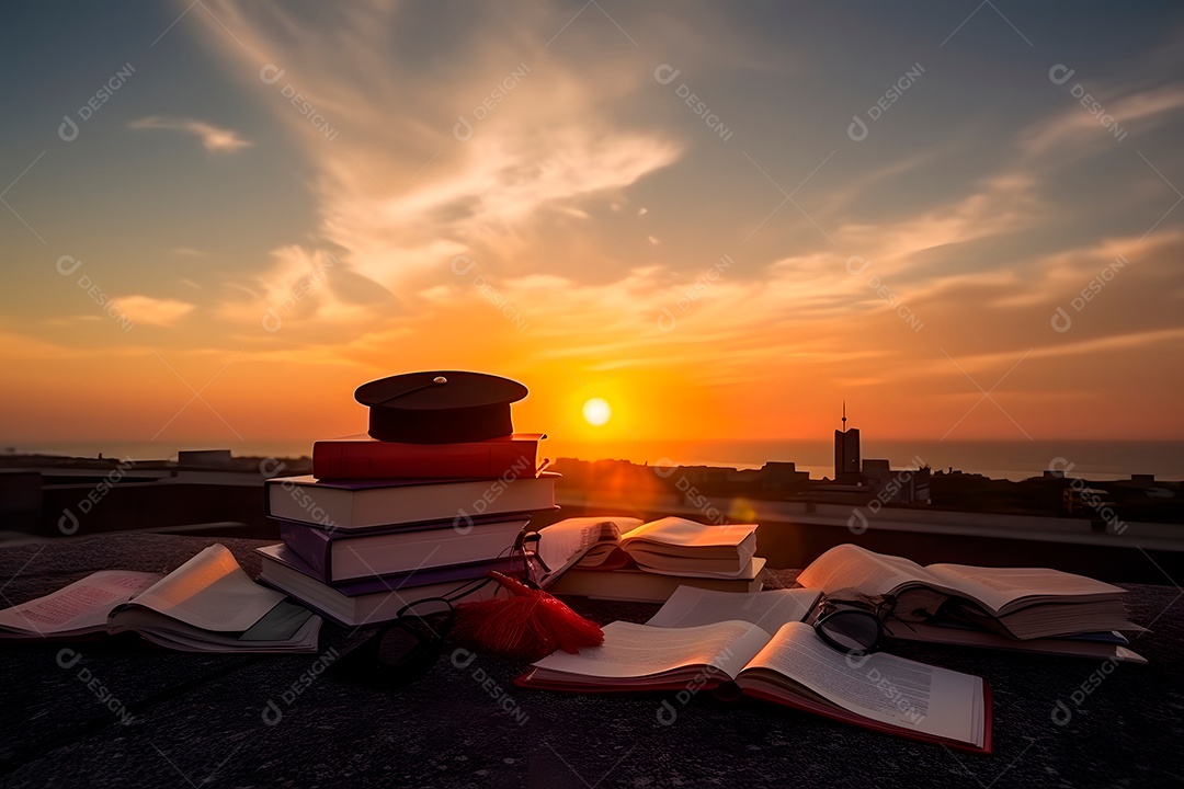 Uma pilha de livros e um chapéu de formatura no telhado com o pôr do sol ao fundo.
