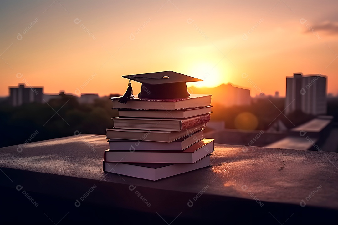 Uma pilha de livros e um chapéu de formatura no telhado com o pôr do sol ao fundo.