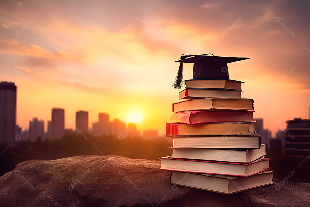 Uma pilha de livros e um chapéu de formatura no telhado com o pôr do sol ao fundo.