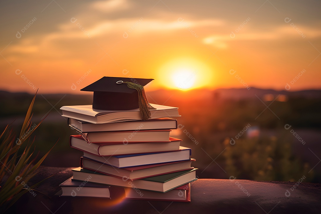 Uma pilha de livros e um chapéu de formatura no telhado com o pôr do sol ao fundo.