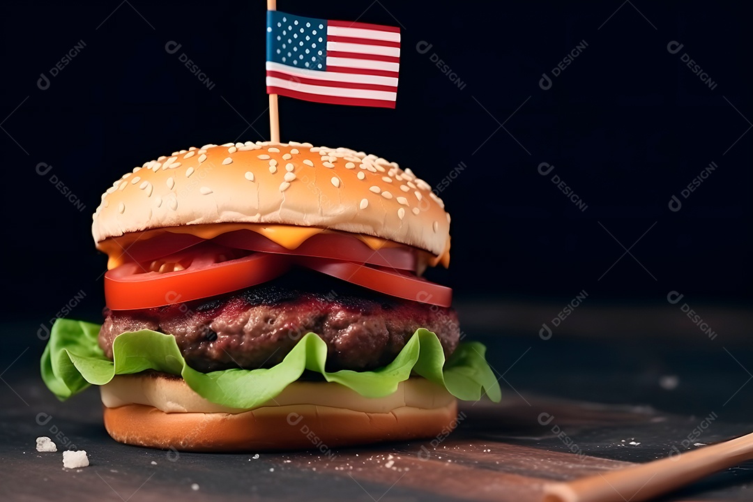 Hambúrguer com uma pequena bandeira americana, fundo escuro, tema de orgulho patriótico dos EUA.