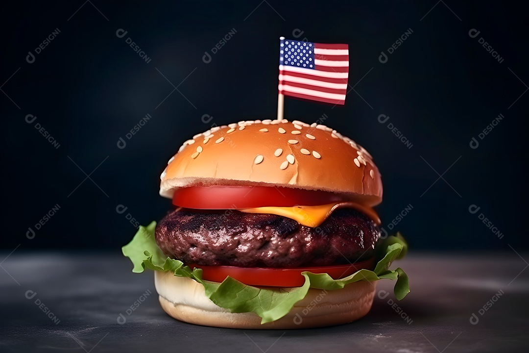 Hambúrguer com uma pequena bandeira americana, fundo escuro, tema de orgulho patriótico dos EUA.