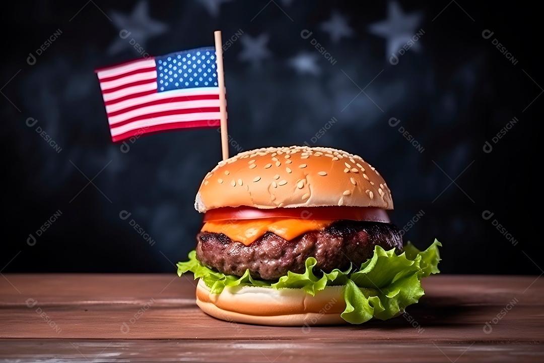 Hambúrguer com uma pequena bandeira americana, fundo escuro, tema de orgulho patriótico dos EUA.