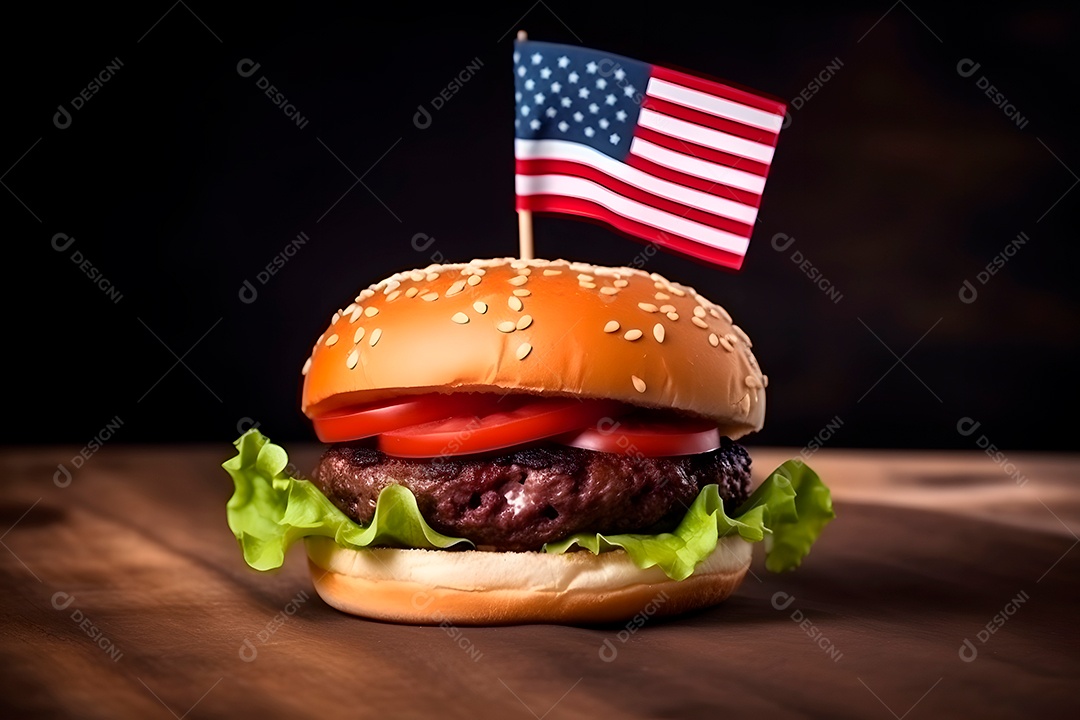 Hambúrguer com uma pequena bandeira americana, fundo escuro, tema de orgulho patriótico dos EUA.