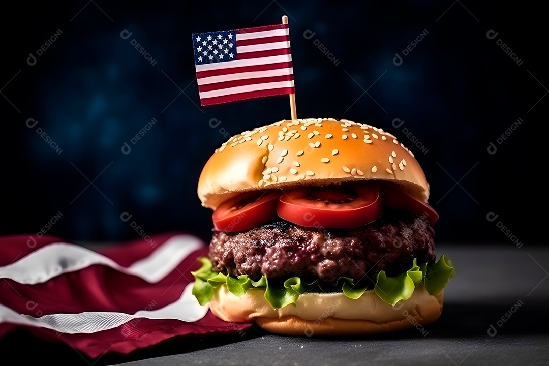 Hambúrguer com uma pequena bandeira americana, fundo escuro, tema de orgulho patriótico dos EUA.