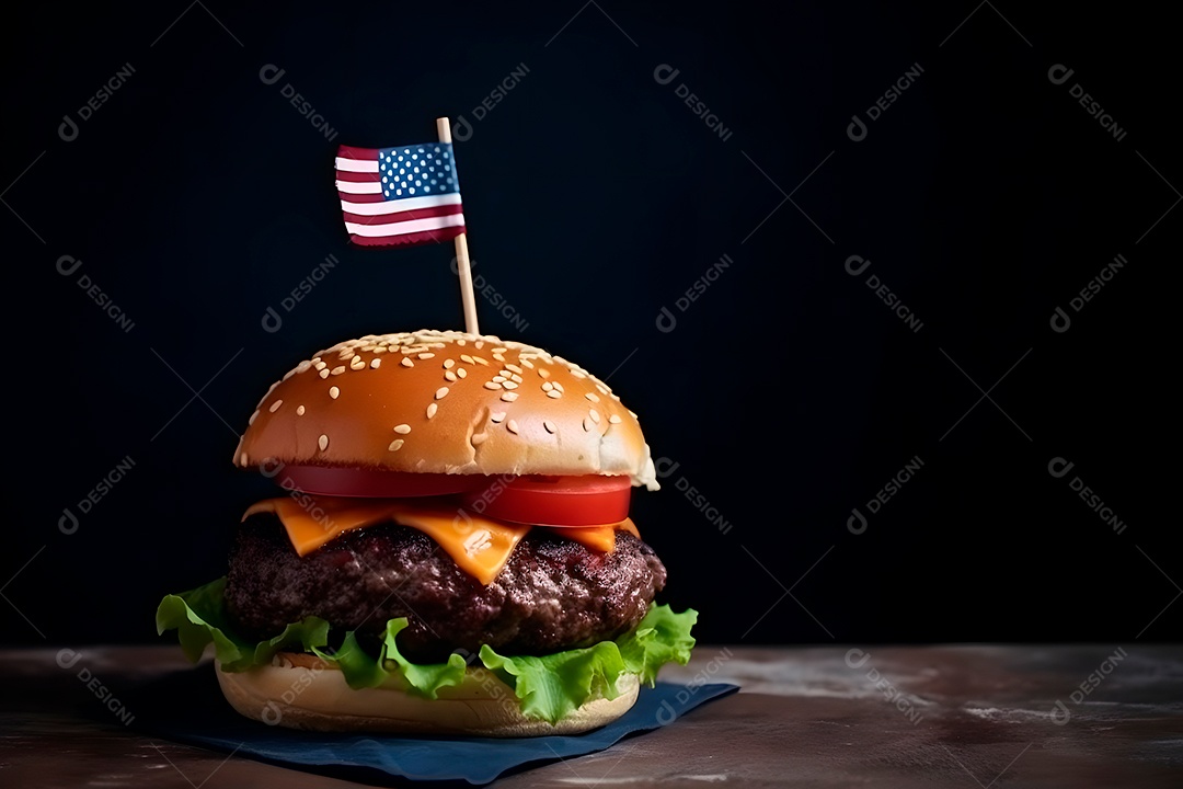 Hambúrguer com uma pequena bandeira americana, fundo escuro, tema de orgulho patriótico dos EUA.