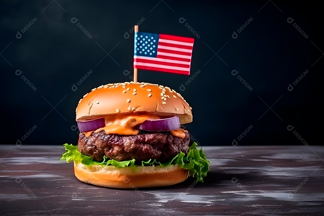 Hambúrguer com uma pequena bandeira americana, fundo escuro, tema de orgulho patriótico dos EUA.