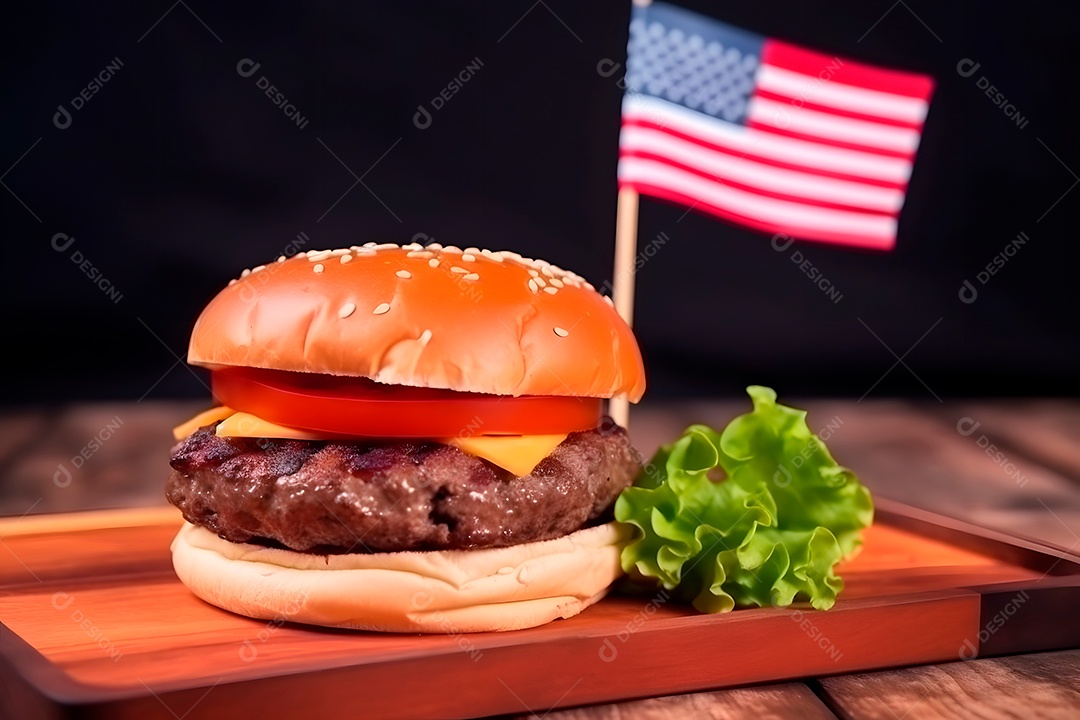 Hambúrguer com uma pequena bandeira americana, fundo escuro, tema de orgulho patriótico dos EUA.
