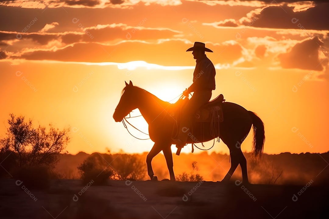 Silhueta homem montado em um cavalo em uma fazenda