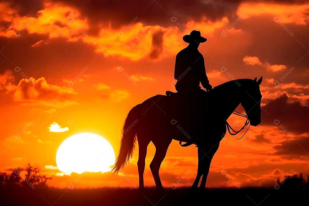 Silhueta homem montado em um cavalo em uma fazenda