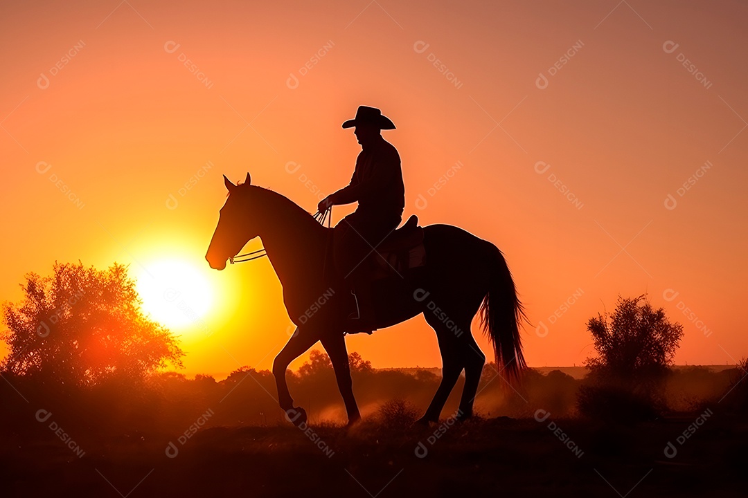 Silhueta homem montado em um cavalo em uma fazenda